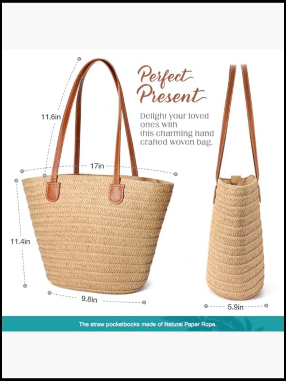 Straw Tote Bag Handwoven Beach Vacation Purse Summer Travel Essential - Picture 6 of 7
